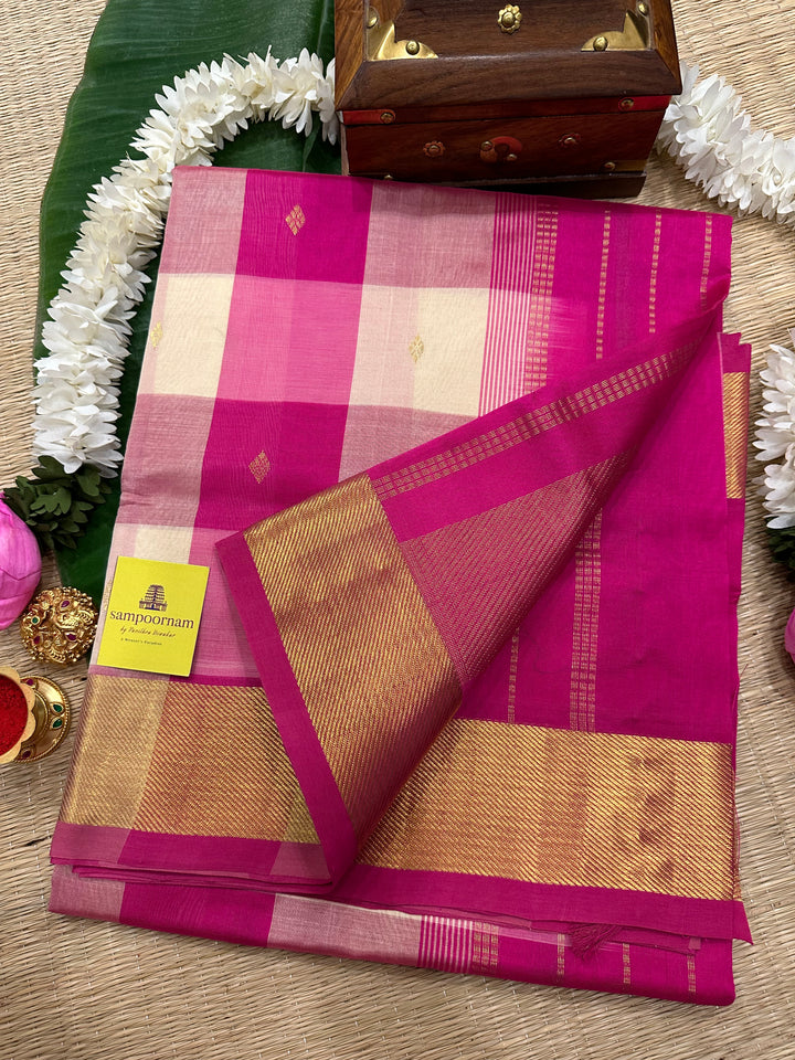 Pallum Pazham Checks with Body Butta, Pink Border and Pallu Silk Cotton Saree