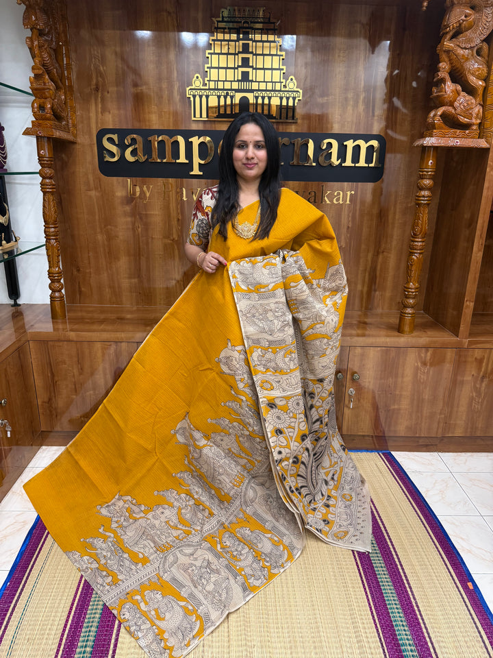 Yellow  Kalamkari Prints in the body and Pallu Pure Kota Cotton Saree