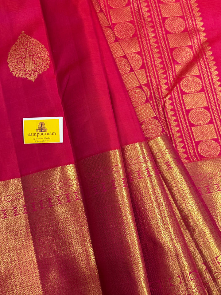 A Reddish Pink One Side Long Border Saree, with Rich Floral Zari motif in the Body, Traditional Border and Rich Pallu, Pure Kanjivaram Silk Saree