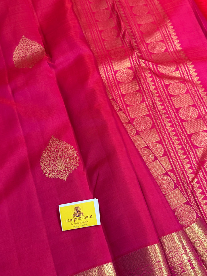 A Reddish Pink One Side Long Border Saree, with Rich Floral Zari motif in the Body, Traditional Border and Rich Pallu, Pure Kanjivaram Silk Saree