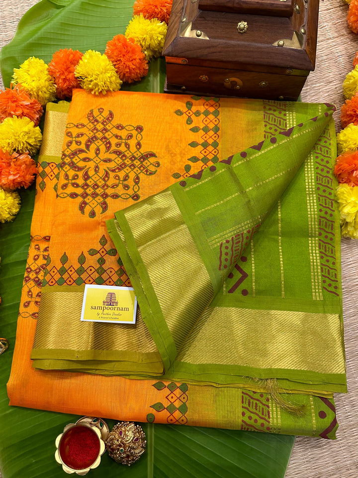 Mambazha Manjal with Green Kolam Handblock Printed Silk Cotton Saree