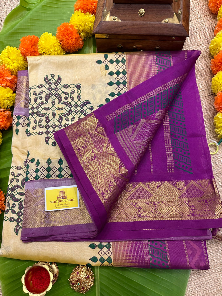 Offwhite with Purple, Body Zari Butta Kolam Handblock Printed Silk Cotton Saree