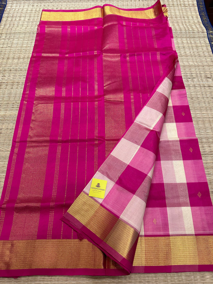 Pallum Pazham Checks with Body Butta, Pink Border and Pallu Silk Cotton Saree