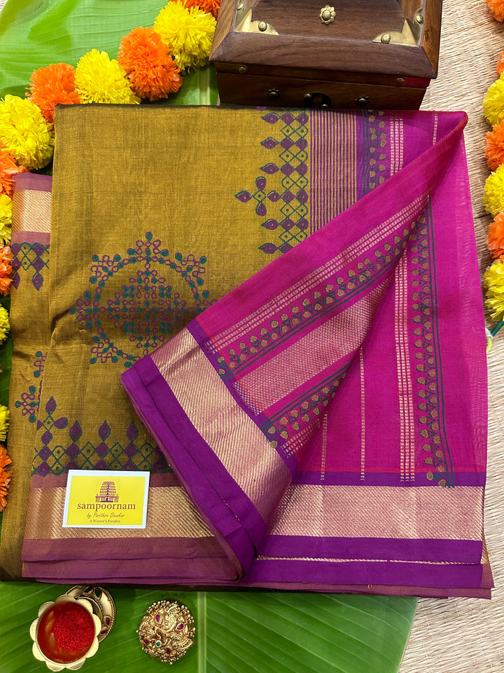 Dark Fenugreek with Pink Kolam Handblock Printed Silk Cotton Saree