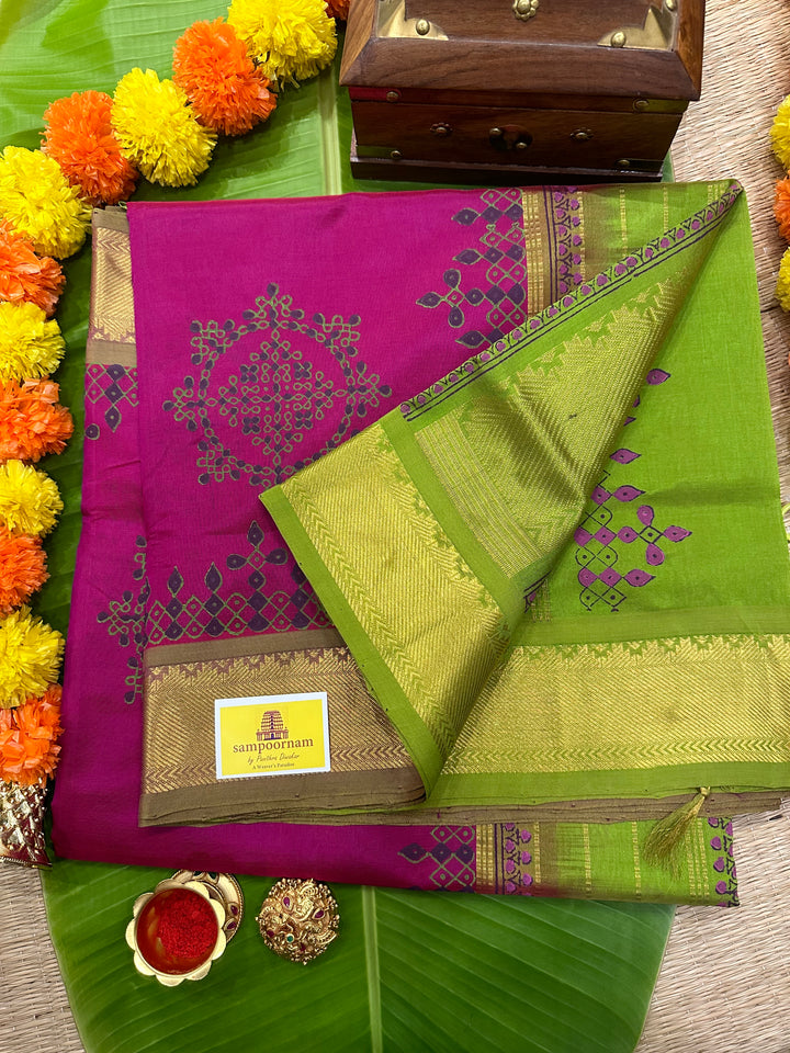 Pink with Green Kolam Handblock Printed Silk Cotton Saree