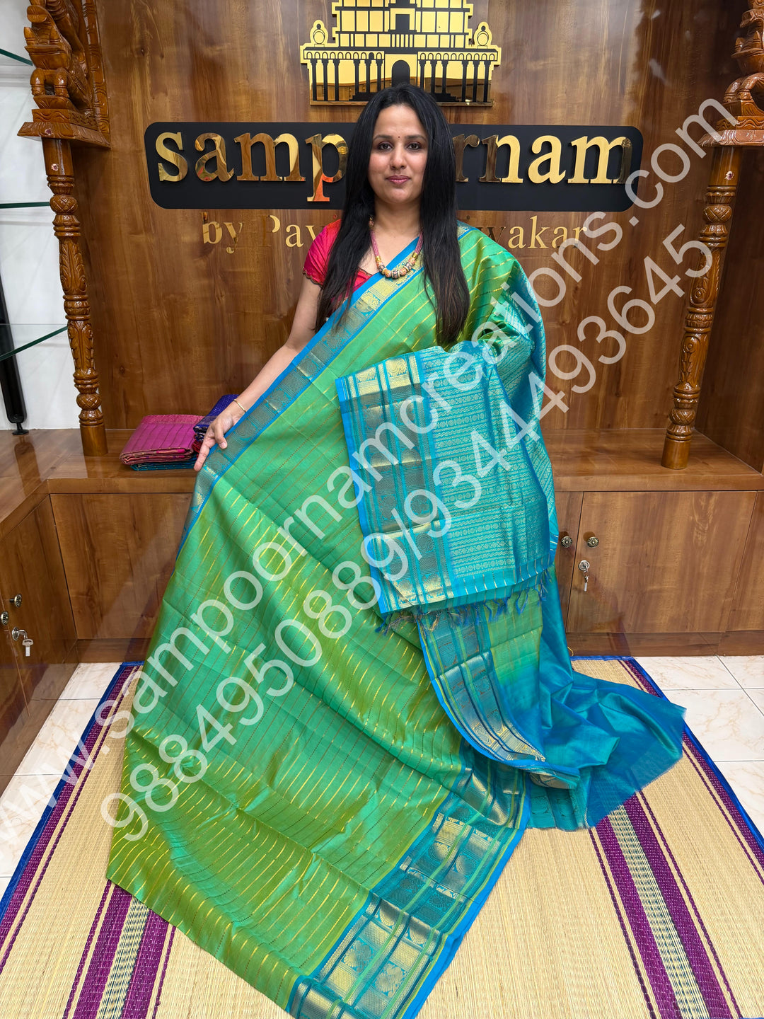 Rexona Green with Blue, Veldhari Zari Lines in the Body, Traditional Kanchi Border, Rich Pallu , Pure Silk Cotton Saree