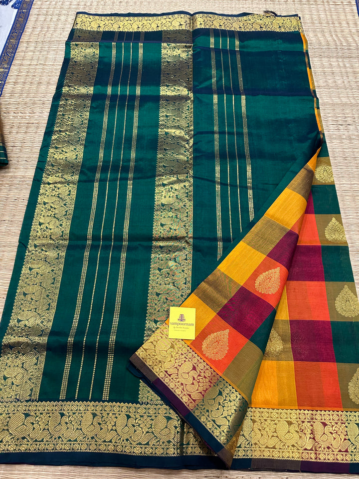 Pallum Pazham Checks with Rich Body Butta, Green Border and Pallu Silk Cotton Saree