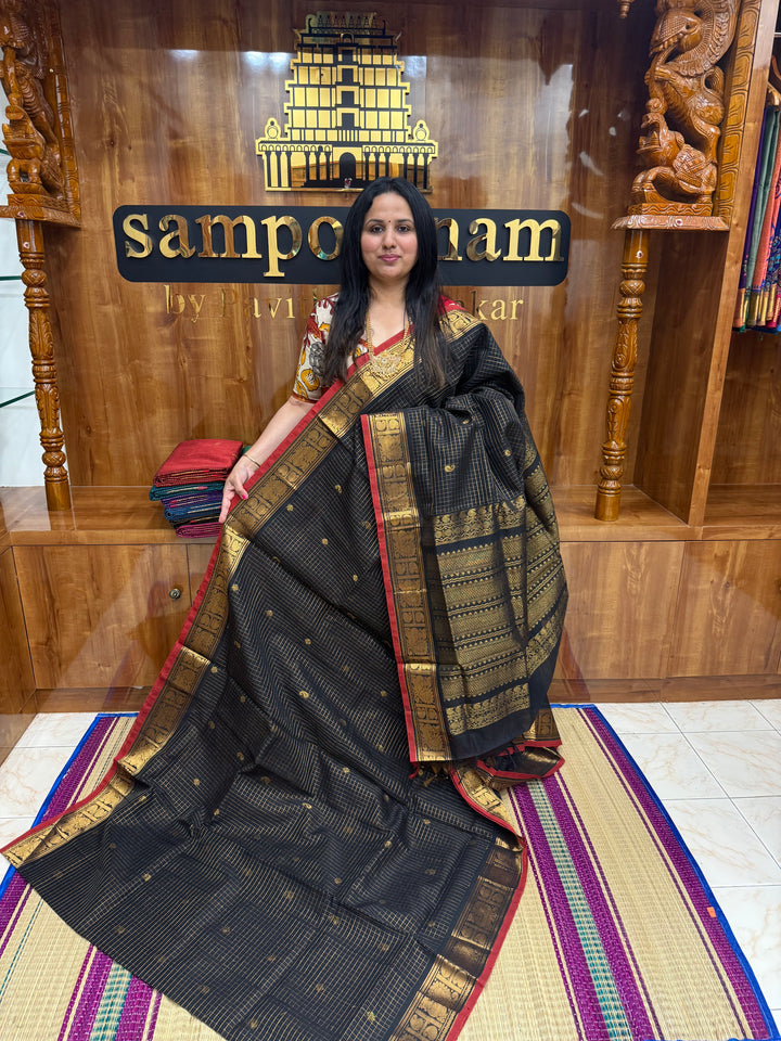 Black , Zari Podi Kattam in the body , Traditional Borders and Rich Pallu Semi Silk Cotton Saree