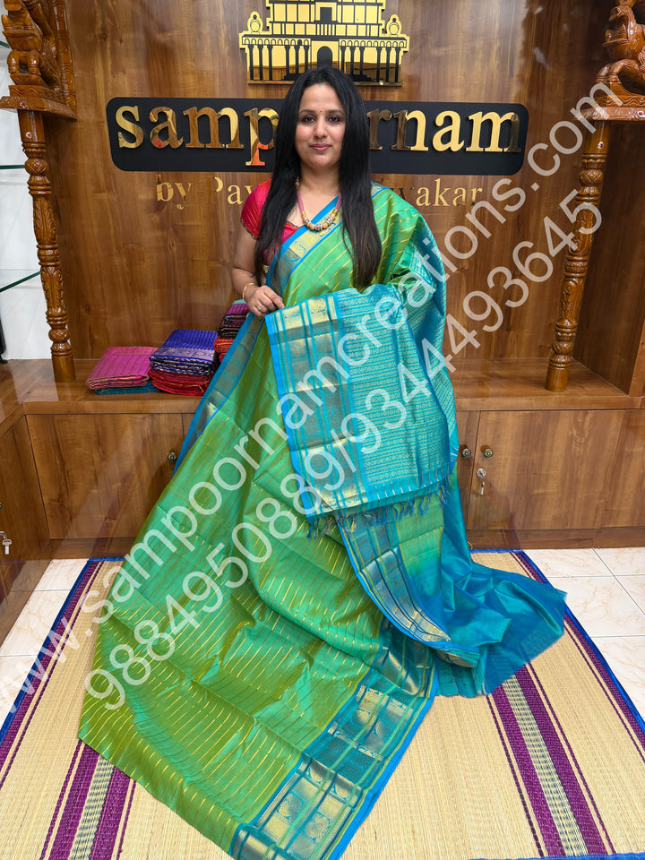 Rexona Green with Blue, Veldhari Zari Lines in the Body, Traditional Kanchi Border, Rich Pallu , Pure Silk Cotton Saree