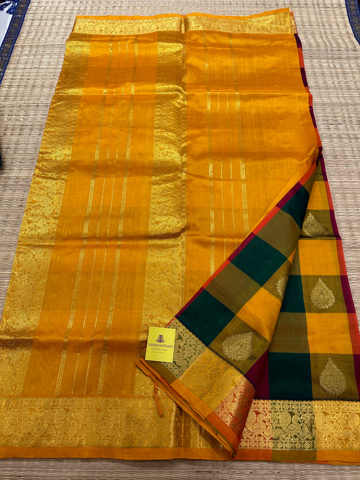 Pallum Pazham Checks with Rich Body Butta, Mustard Border Pallu SIlk Cotton Saree