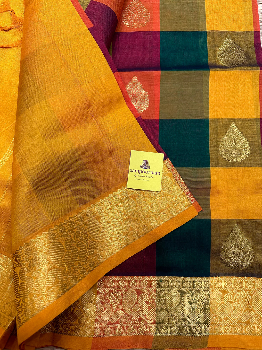 Pallum Pazham Checks with Rich Body Butta, Mustard Border Pallu SIlk Cotton Saree