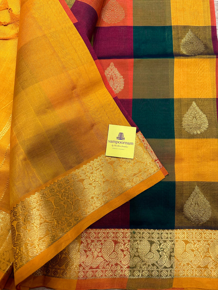 Pallum Pazham Checks with Rich Body Butta, Mustard Border Pallu SIlk Cotton Saree