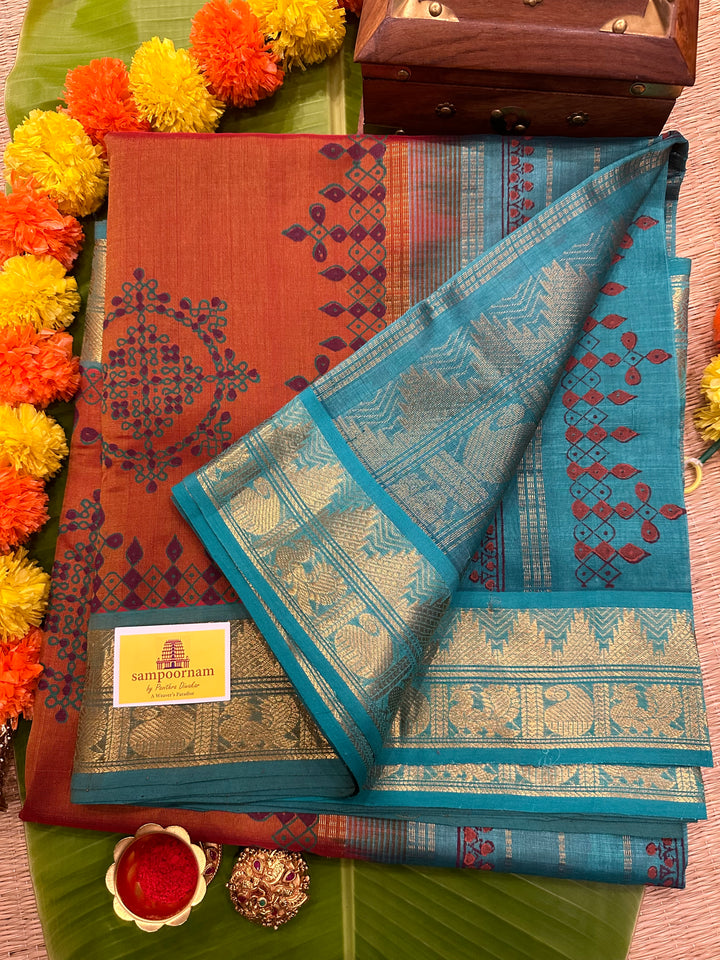 Rust Orange with Turquoise Blue Kolam Handblock Printed Silk Cotton Saree