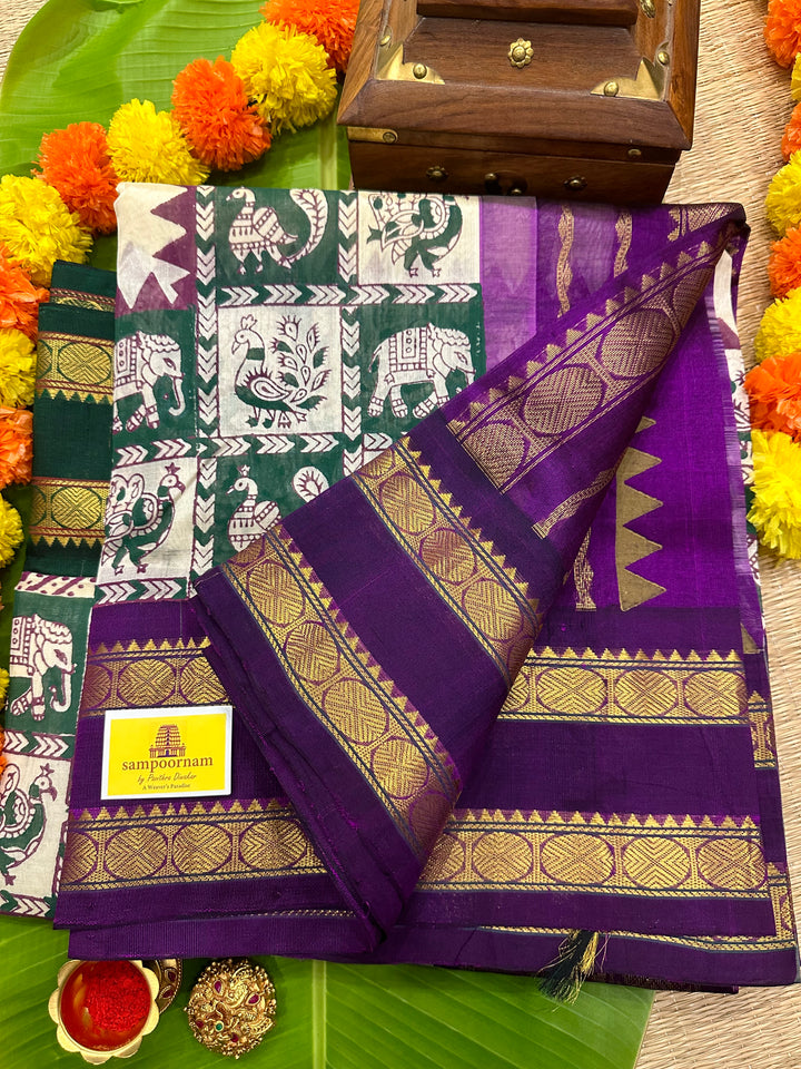 Offwhite with Ganga Jamuna Border Annam and Elephant Motif Handblock Printed Korvai Silk Cotton Saree