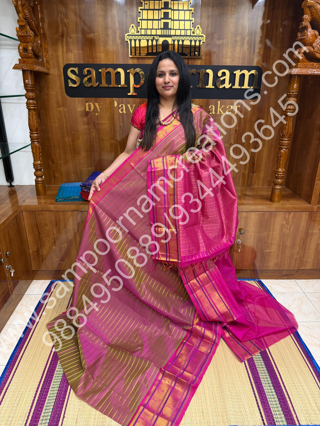 Double Shade Manthulir Green Pink with Pink Veldhari Zari Lines in the Body, Traditional Kanchi Border, Rich Pallu , Pure Silk Cotton Saree
