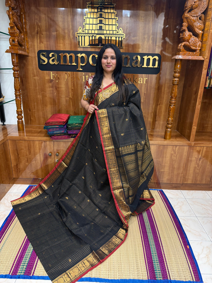 Black , Zari Podi Kattam in the body , Traditional Borders and Rich Pallu Semi Silk Cotton Saree