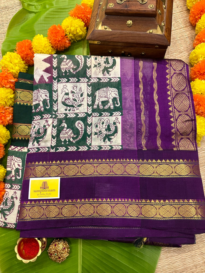 Offwhite with Ganga Jamuna Border Annam and Elephant Motif Handblock Printed Korvai Silk Cotton Saree