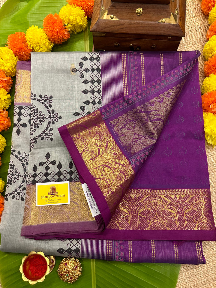 Ash with Purple Zari Butta in the Body Kolam Handblock Printed Silk Cotton Saree