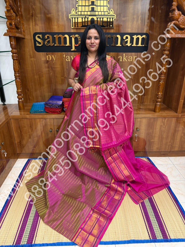 Double Shade Manthulir Green Pink with Pink Veldhari Zari Lines in the Body, Traditional Kanchi Border, Rich Pallu , Pure Silk Cotton Saree