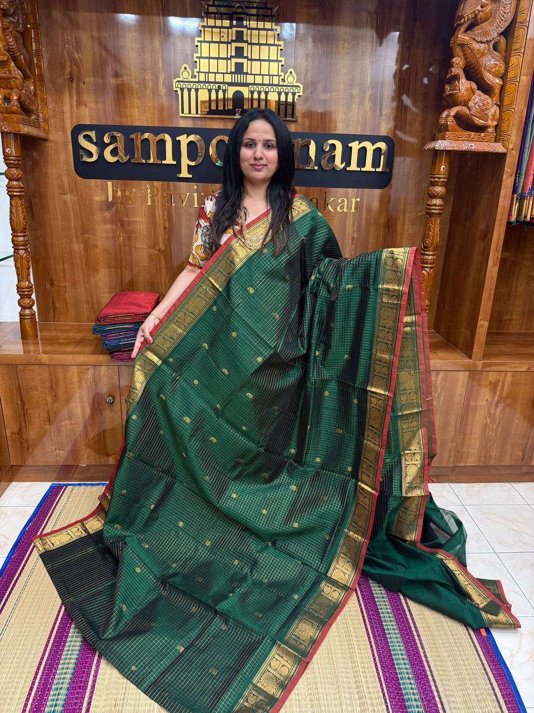 Green  , Zari Podi Kattam in the body , Traditional Borders and Rich Pallu Semi Silk Cotton Saree