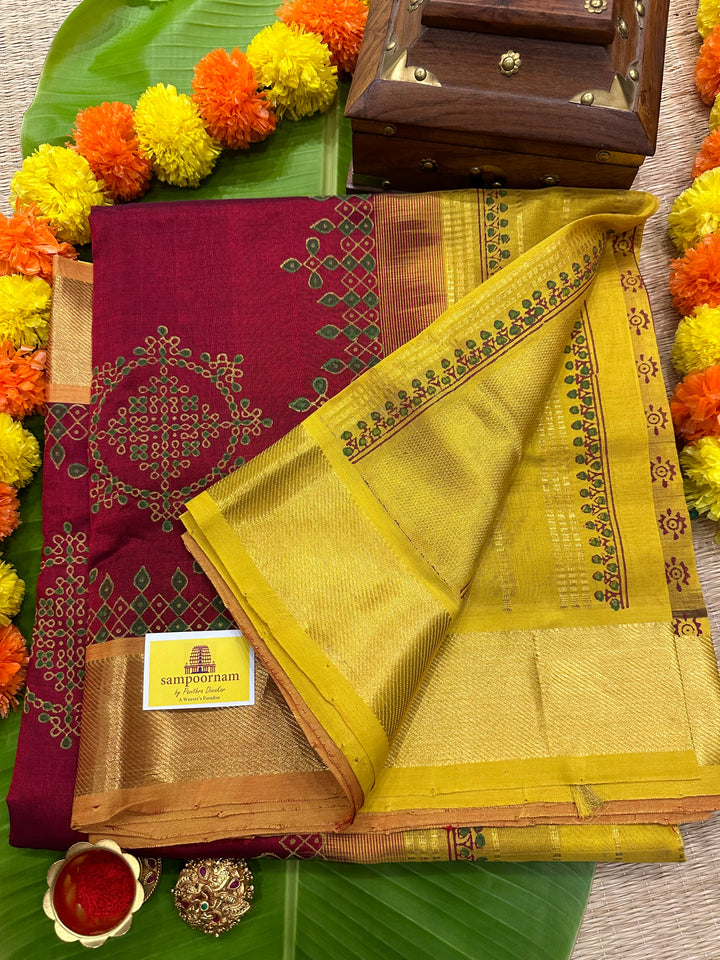 Maroon with Lemon Yeallo Kolam Handblock Printed Silk Cotton Saree