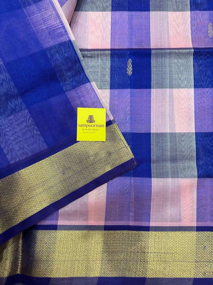 Pallum Pazham Checks with Butta , Blue Border and Pallu Silk Cotton Saree
