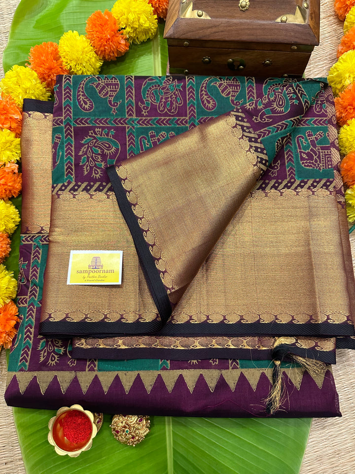 Dark Wine Colour with With Zari Border and Tissue Zari Pallu Annam and Elephant Handblock Printed Silk Cotton Saree