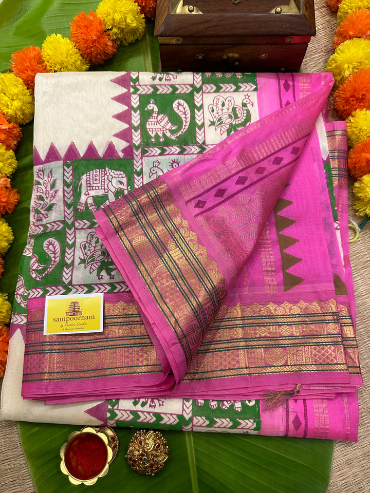 Offwhite with Baby Pink Annam and Elephant Handblock Printed Korvai Silk Cotton Saree