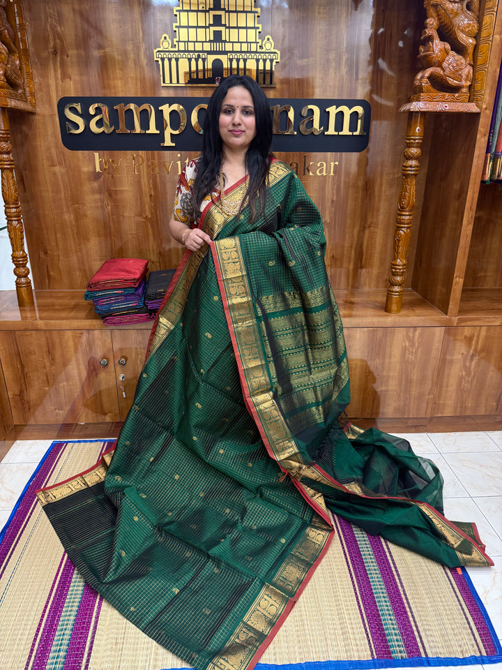 Green  , Zari Podi Kattam in the body , Traditional Borders and Rich Pallu Semi Silk Cotton Saree