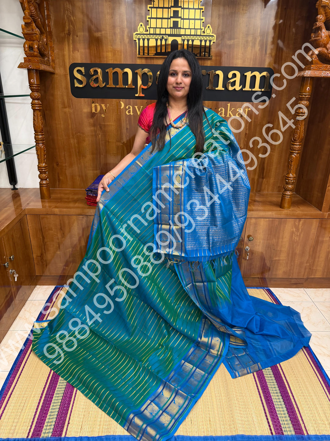 Teal Blue with Blue, Veldhari Zari Lines in the Body, Traditional Kanchi Border, Rich Pallu , Pure Silk Cotton Saree