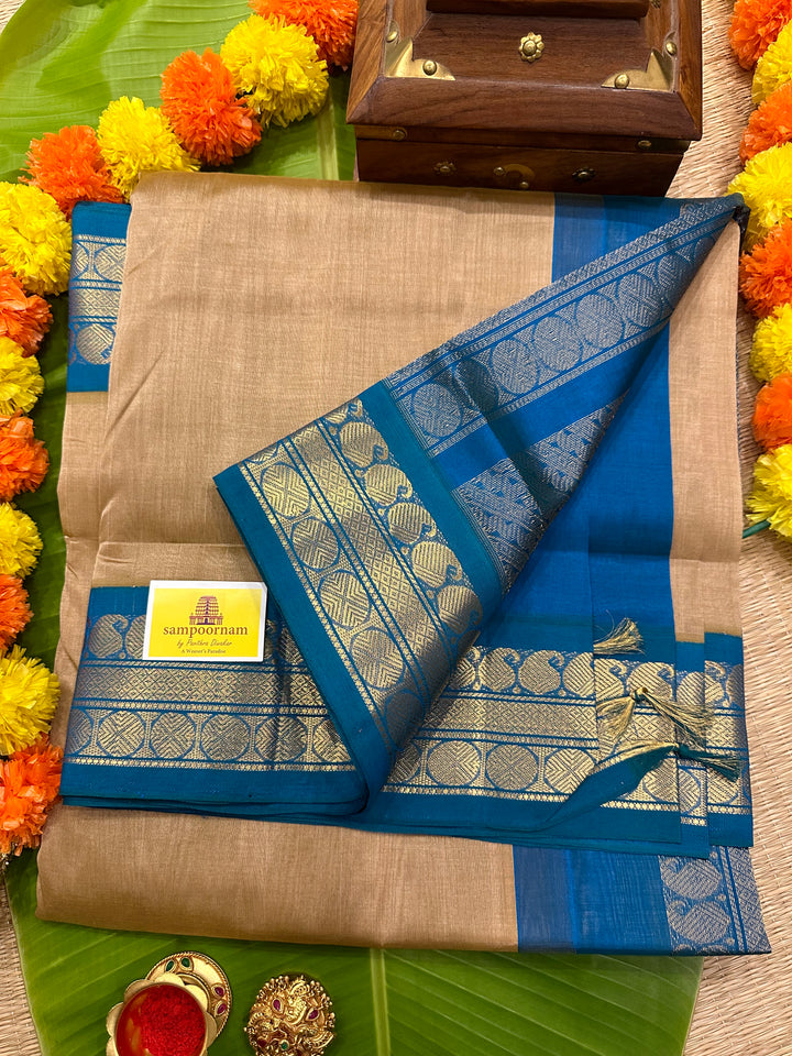 Biscuit with Copper Sulphate Blue Korvai Silk Cotton Saree