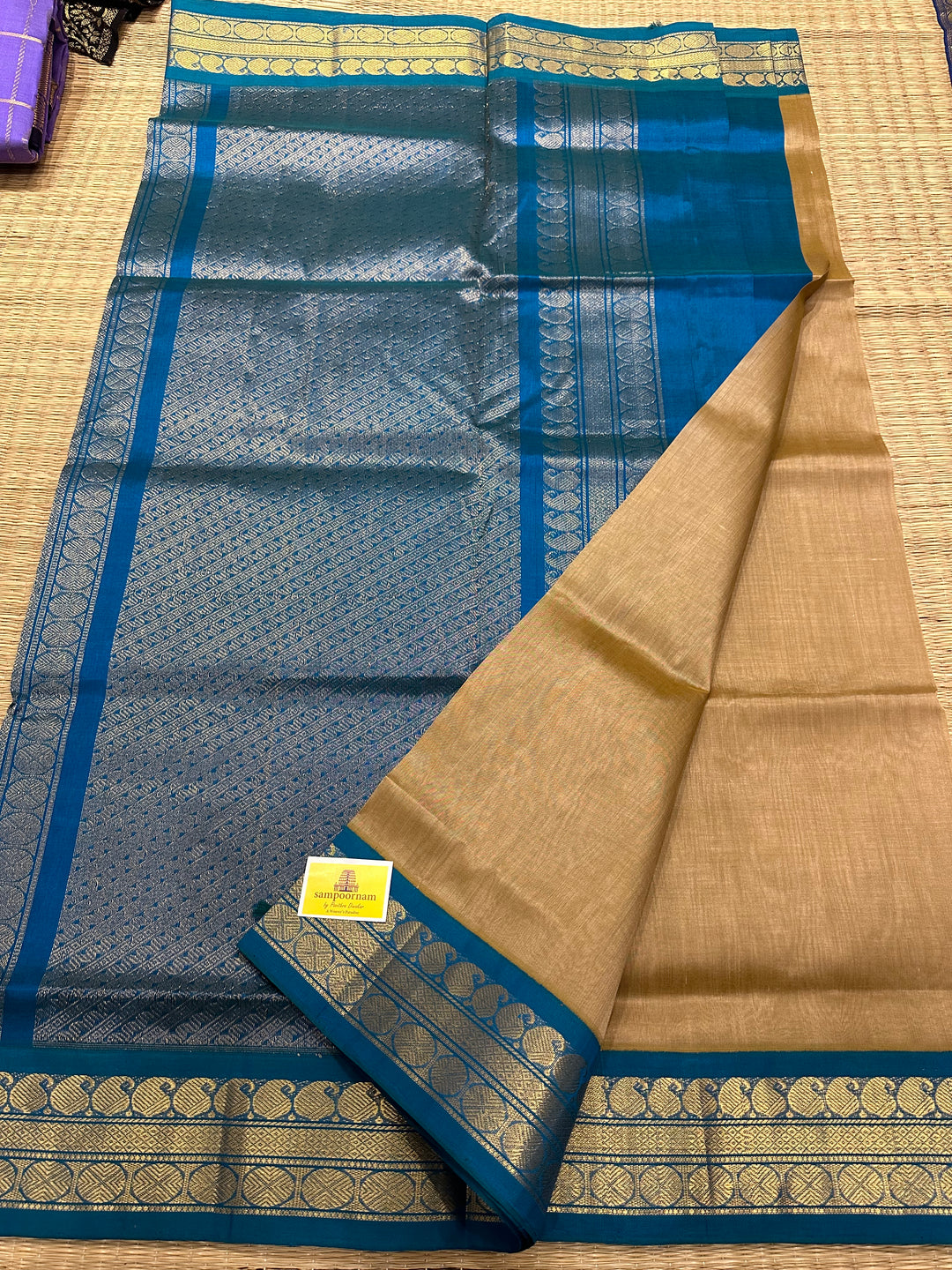 Biscuit with Copper Sulphate Blue Korvai Silk Cotton Saree