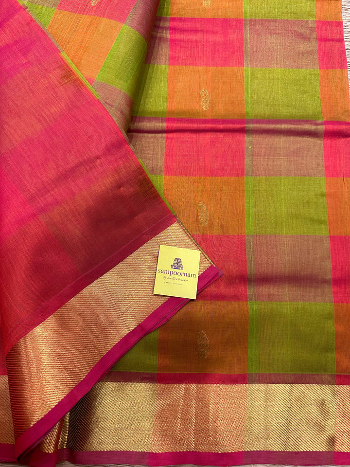 Pallum Pazham Checks with Butta Orangish Pink Border and Pallu Silk Cotton Saree