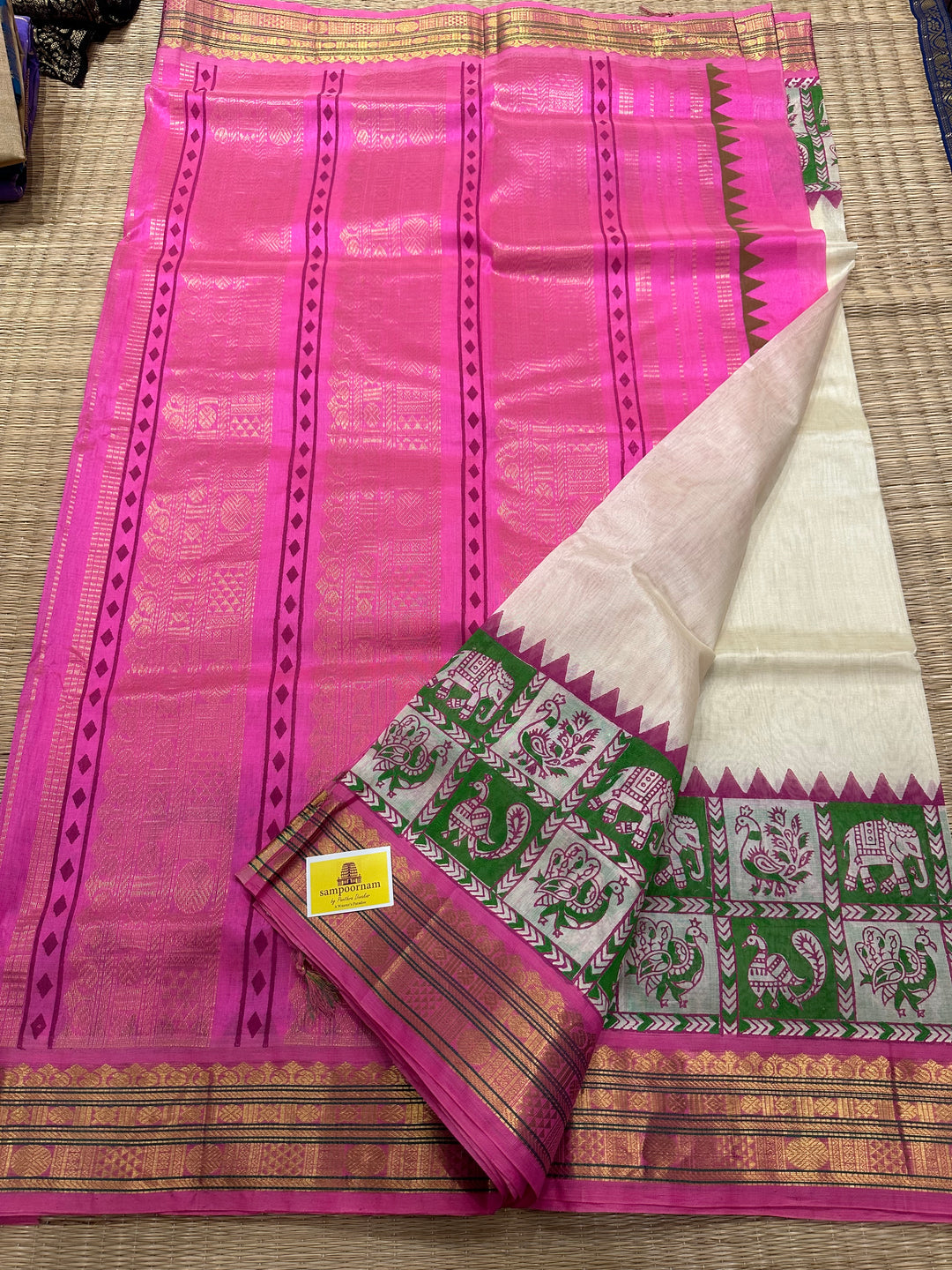 Offwhite with Baby Pink Annam and Elephant Handblock Printed Korvai Silk Cotton Saree