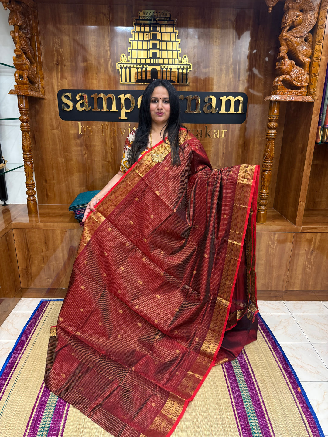 Red , Zari Podi Kattam in the body , Traditional Borders and Rich Pallu Semi Silk Cotton Saree
