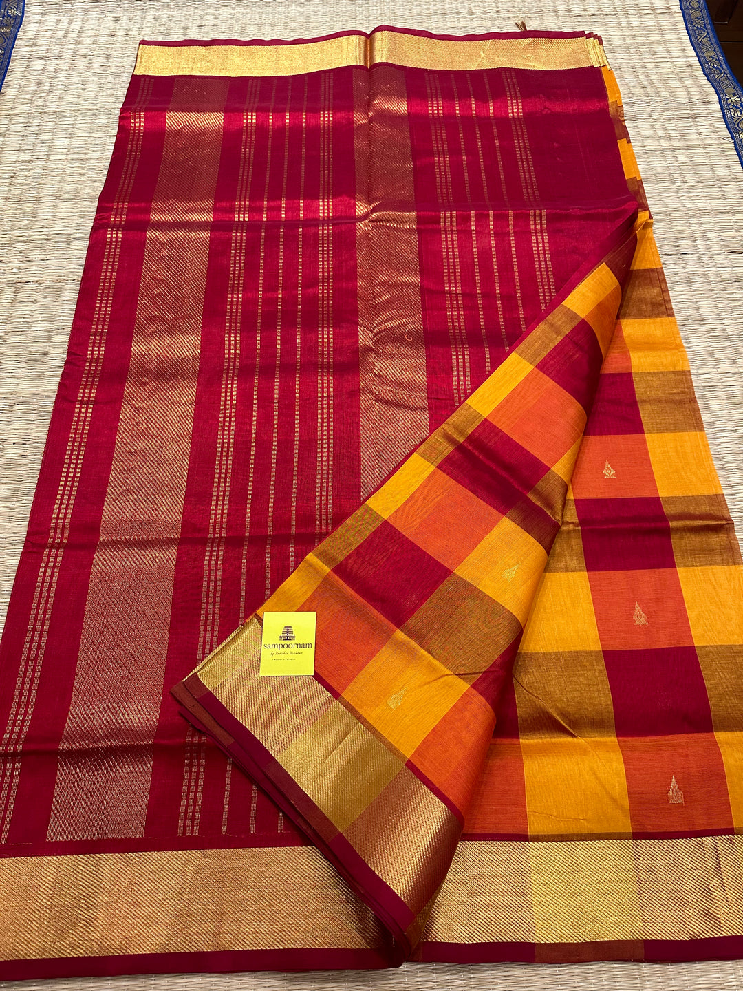 Pallum Pazham Checks With Butta , Red Border and Pallu Silk Cotton Saree