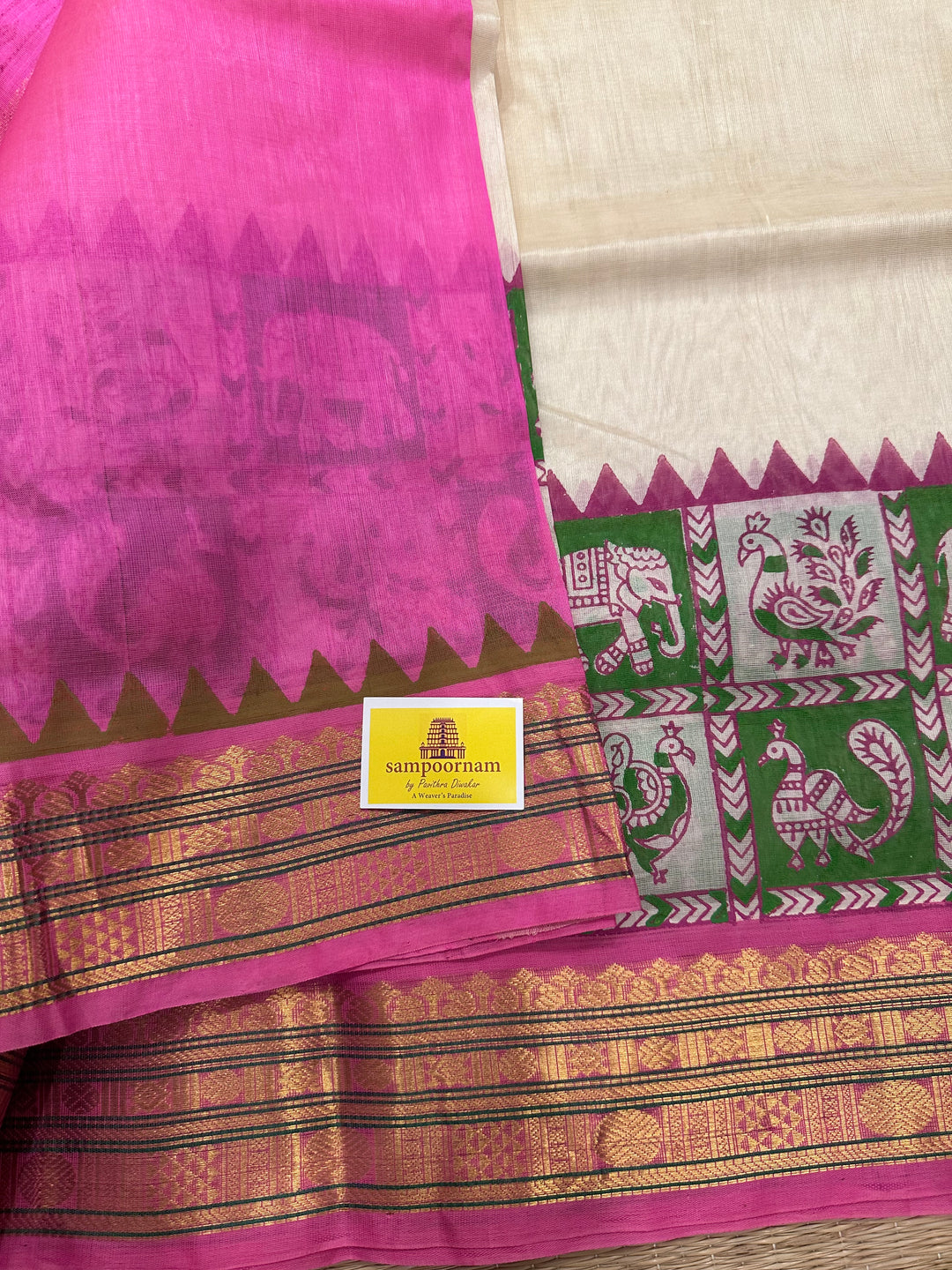 Offwhite with Baby Pink Annam and Elephant Handblock Printed Korvai Silk Cotton Saree