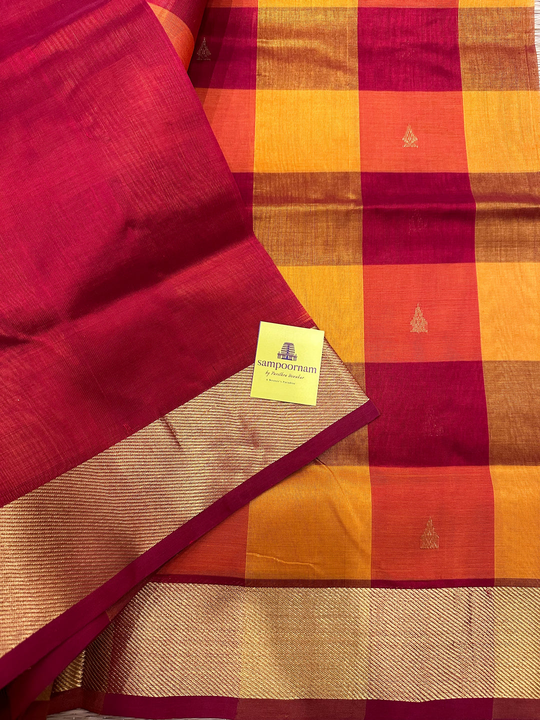 Pallum Pazham Checks With Butta , Red Border and Pallu Silk Cotton Saree