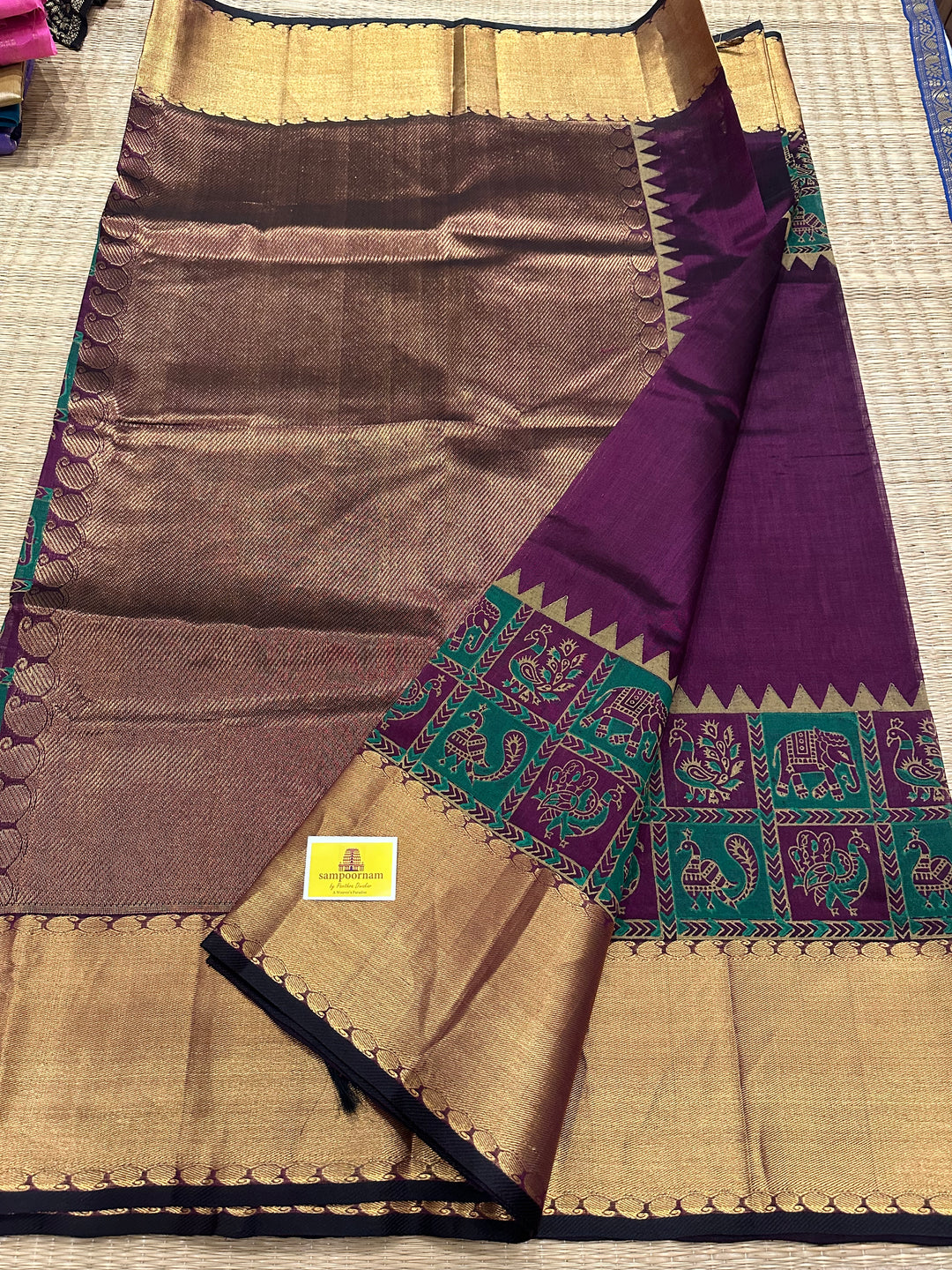 Dark Wine Colour with With Zari Border and Tissue Zari Pallu Annam and Elephant Handblock Printed Silk Cotton Saree