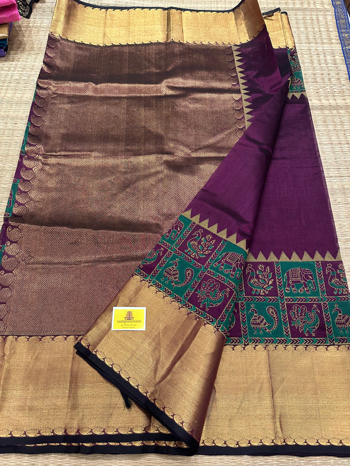 Dark Wine Colour with With Zari Border and Tissue Zari Pallu Annam and Elephant Handblock Printed Silk Cotton Saree