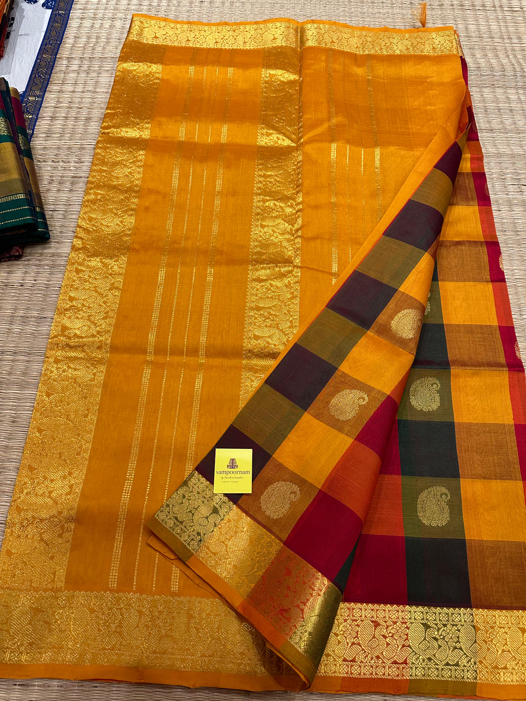 Pallum Pazham Checks with Rich Mango Butta And Mustard Border and Pallu Silk Cotton Saree