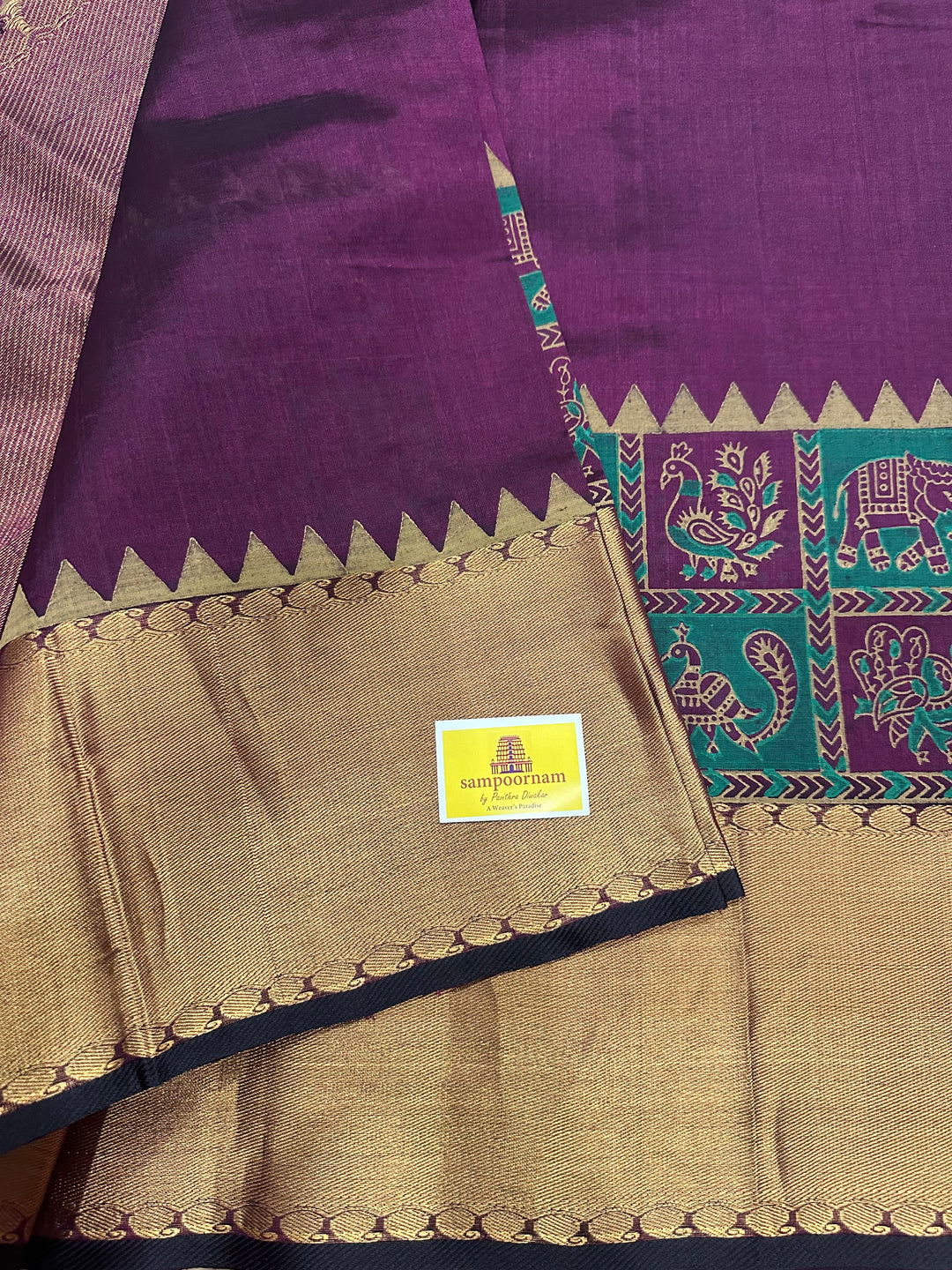 Dark Wine Colour with With Zari Border and Tissue Zari Pallu Annam and Elephant Handblock Printed Silk Cotton Saree