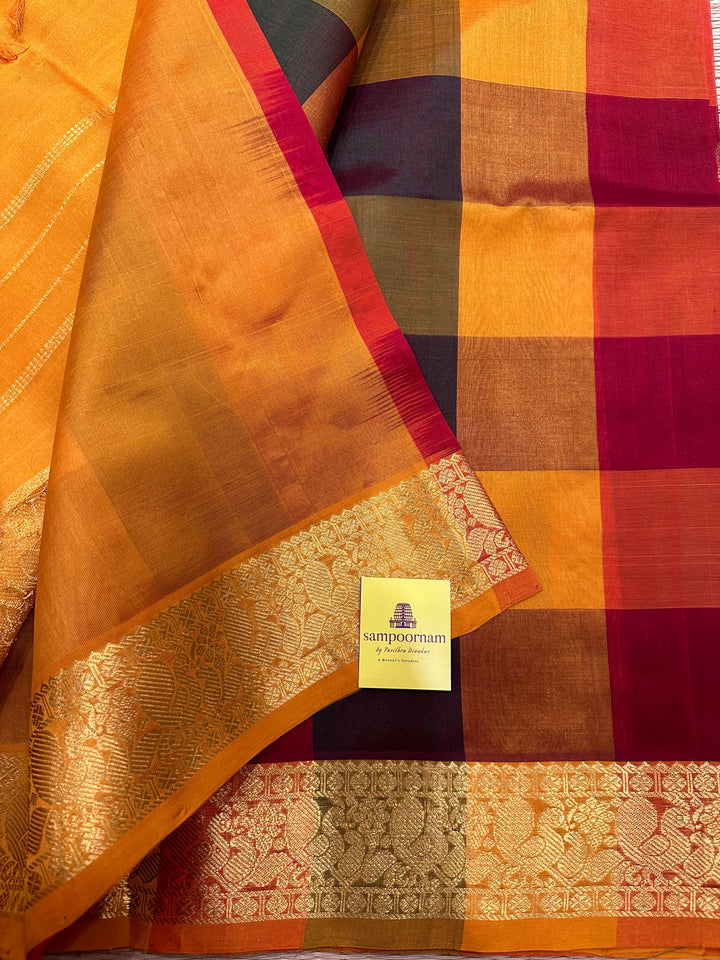 Pallum Pazham Checks with Rich Mango Butta And Mustard Border and Pallu Silk Cotton Saree