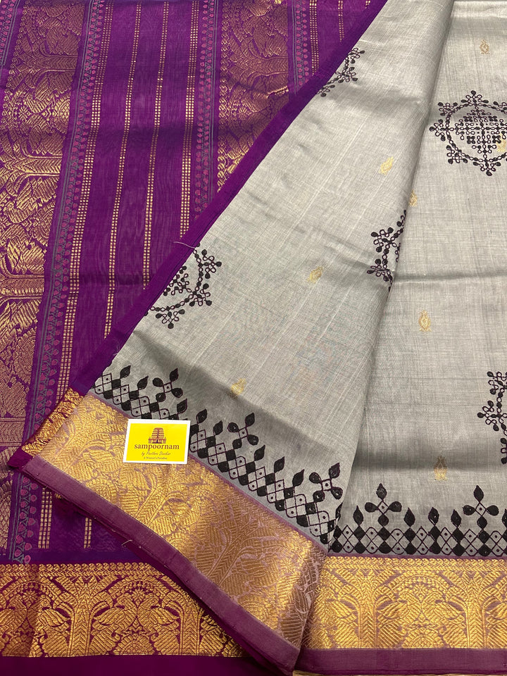 Ash with Purple Zari Butta in the Body Kolam Handblock Printed Silk Cotton Saree