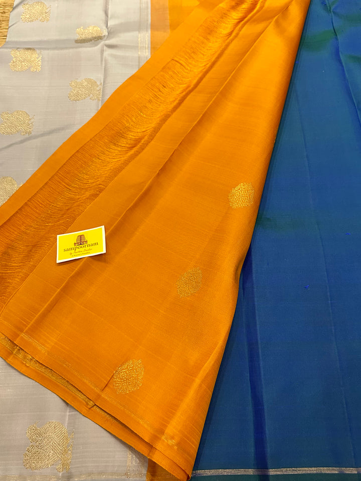 A New Concept Double Colour Pallu, Mayil Kazhuthu with Zari Motif in Body, Cement Grey and Mustard Zari butta Rich Pallu Pure Kanjivaram Silk Saree