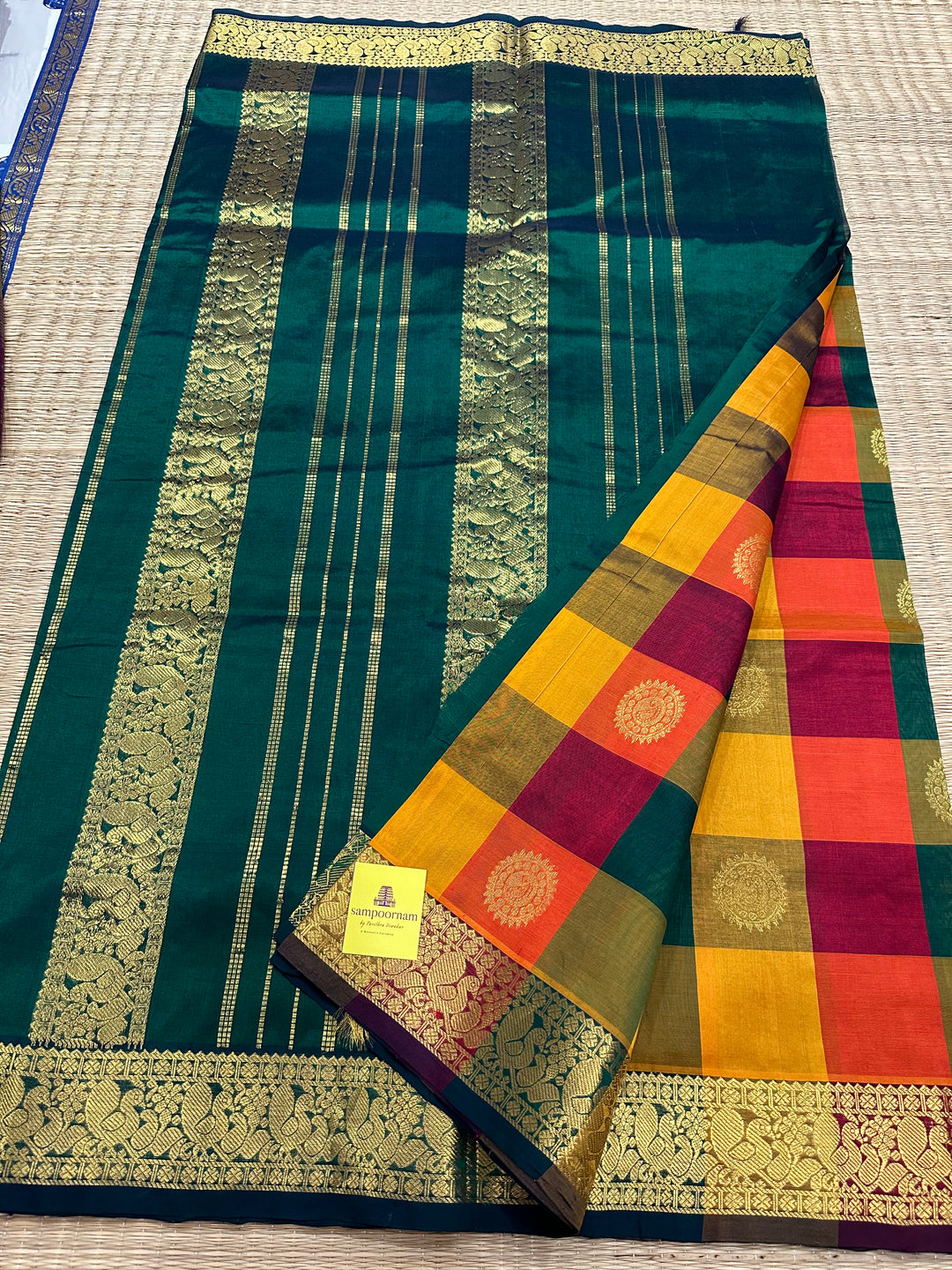 Pallum Pazham Checks With Coin Rich Butta and Green Pallu and Border Silk Cotton Saree