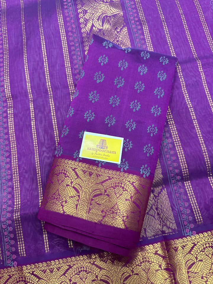 Ash with Purple Zari Butta in the Body Kolam Handblock Printed Silk Cotton Saree