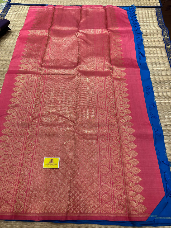 A Classic Blue with Onion Pink Saree with Kolam Zari Motif in Body And Rich Pallu Pure Kanjivaram Silk Saree