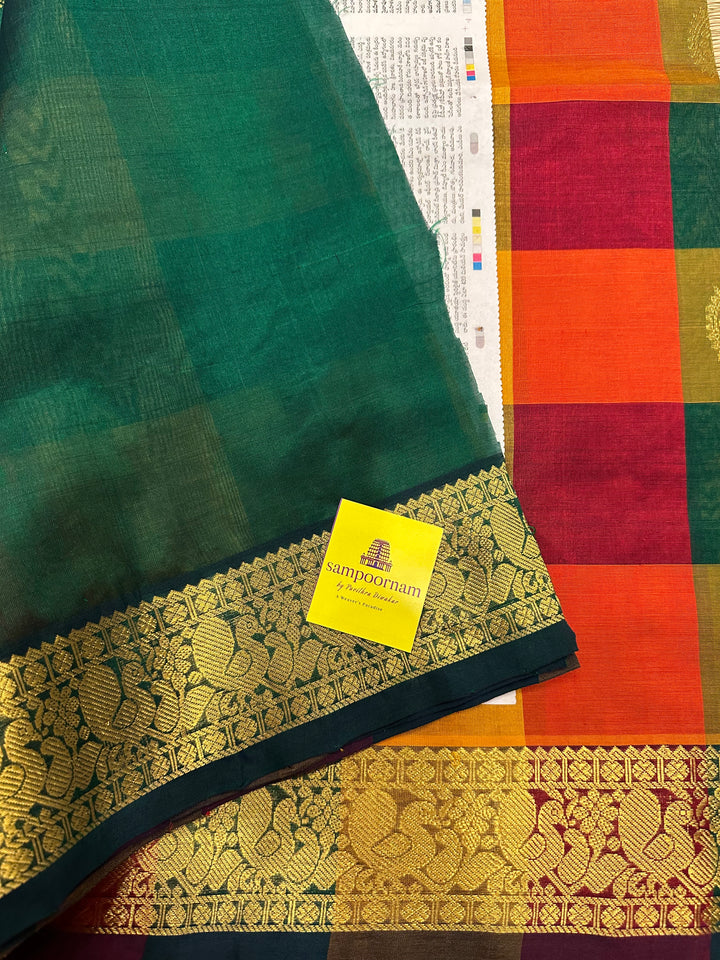 Pallum Pazham Checks With Coin Rich Butta and Green Pallu and Border Silk Cotton Saree