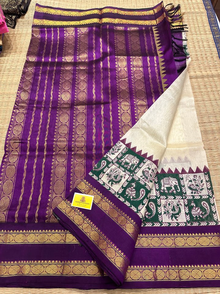 Offwhite with Ganga Jamuna Border Annam and Elephant Motif Handblock Printed Korvai Silk Cotton Saree